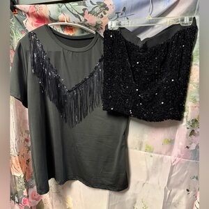 Black Fringe Sequin Women's Top and Sequin Shorts